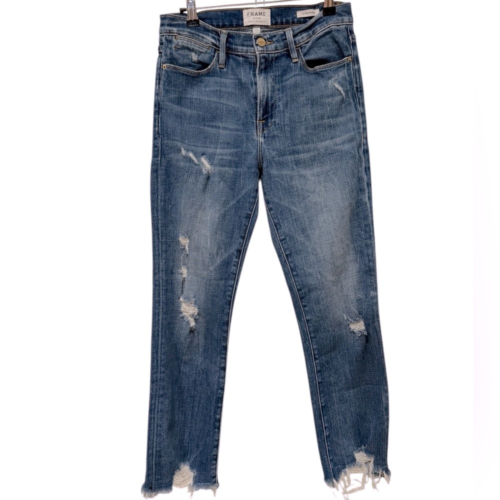 Frame Denim “Le High Straight” Distressed Cropped Jeans w/ Frayed Hems - Picture 2 of 9